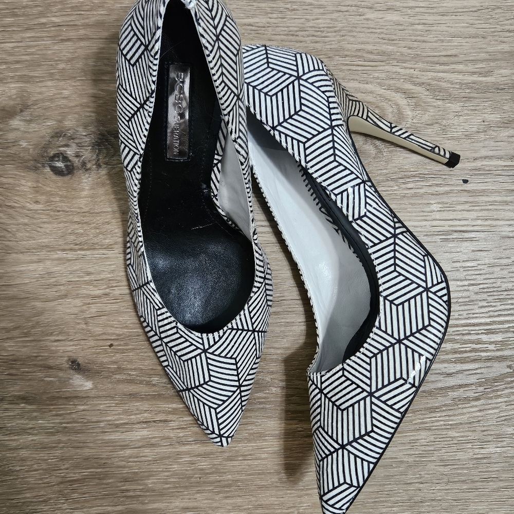 BCBG Black and White Geometric Stiletto Heels